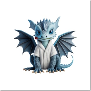 Cute Blue Baby Dragon with a Red Rose Posters and Art